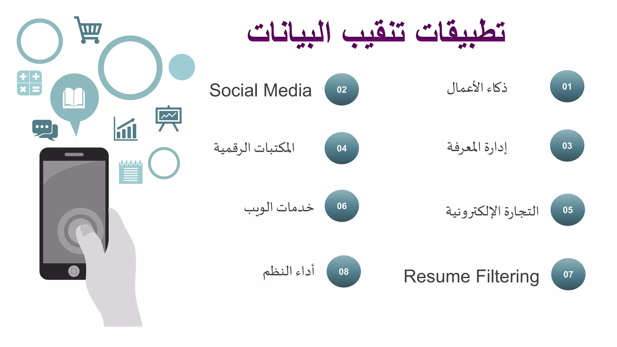 ‫البيانات‬ ‫تنقيب‬ ‫تطبيقات‬
‫األعمال‬ ‫ذكاء‬ 01
‫املعرفة‬ ‫ة‬‫ر‬‫إدا‬ 03
‫اإللكترونية‬ ‫ة‬‫ر‬‫التجا‬ 05
Resume Filtering 07
Social Media 02
‫الرقمية‬ ‫املكتبات‬ 04
‫الويب‬ ‫خدمات‬ 06
‫النظم‬ ‫أداء‬ 08
 