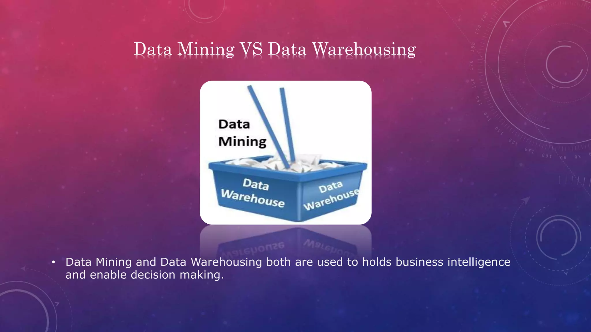 Data Mining VS Data Warehousing
• Data Mining and Data Warehousing both are used to holds business intelligence
and enable decision making.
 