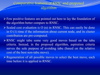 Comparative features of RNSC and proposed
algorithm
 Few positive features are pointed out here to lay the foundation of
the algorithm better compare to RNSC.
 Scaled cost evaluation is O (n) in RNSC. This can easily be done
in O (1) time if the information about current node, and its cluster
contribution are pre-computed.
 RNSC might tabu some very good moves based on the tabu
criteria. Instead, in the proposed algorithm, aspiration criteria
serves the sole purpose of avoiding tabu (based on the relative
cost of the best non-tabu move).
 Regeneration of all possible moves to select the best move, each
time before it is applied in RNSC.
 