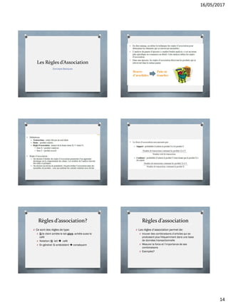 16/05/2017
14
Les Règles d’Association
Concepts Basiques
Règles d’association?
O Ce sont des règles de type:
O Si le client achète le lait alors achète aussi le
café
O Notation: Si lait  café
O En général: Si antécédent  conséquent
Règles d’association
O Les règles d’association permet de:
O trouver des combinaisons d’articles qui se
produisent plus fréquemment dans une base
de données transactionnelle
O Mesurer la force et l’importance de ses
combinaisons
O Exemples?
 