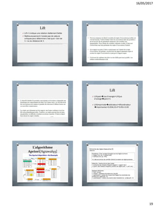 16/05/2017
19
Lift
O Lift<1 indique une relation réellement faible
O Malheureusement n’existe pas de valeurs
critiques pour déterminer c’est quoi « loin de
1 » ou au dessous de 1
Lift
O Lift(painJus d’orange)=Lift(jus
d’orangepain)=1
O Lift(Imprimateordinateur)=lift(ordinateur
imprimante)=0.004/(0.4*0.05)=2.00
L’algorithme
Apriori[Agrawal93]
Pain, Lait, caffé
 