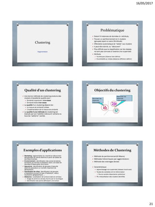 16/05/2017
21
Clustering
Segmentation
Problématique
O Soient N instances de données à n attributs,
O Trouver un partitionnement en k clusters
(groupes) ayant un sens (Similitude)
O Affectation automatique de “labels” aux clusters
O k peut être donné, ou “découvert”
O Plus difficile que la classification car les classes
ne sont pas connues à l’avance (non supervisé)
O Attributs
O Numériques (distance bien définie)
O Enumératifs ou mixtes (distance difficile à définir)
Qualité d’un clustering
O Une bonne méthode de clustering produira des
clusters d’excellente qualité avec :
O Similarité importante intra-classe
O Similarité faible inter-classe
O La qualité d’un clustering dépend de :
O La mesure de similarité utilisée
O L’implémentation de la mesure de similarité
O La qualité d’une méthode de clustering est
évaluée par son habilité à découvrir certains ou
tous les “patterns” cachés
Objectifs du clustering
Minimiser les
distances
intra-cluster
Maximiser les
distances
inter-clusters
Exemples d’applications
O Marketing : segmentation du marché en découvrant
des groupes de clients distincts à partir de bases de
données d’achats.
O Environnement : identification des zones terrestres
similaires (en termes d’utilisation) dans une base de
données d’observation de la terre.
O Assurance: identification de groupes d’assurés
distincts associés à un nombre important de
déclarations.
O Planification de villes: identification de groupes
d’habitations suivant le type d’habitation, valeur,
localisation géographique, …
O Médecine: Localisation de tumeurs dans le cerveau
O Nuage de points du cerveau fournis par le neurologue
O Identification des points définissant une tumeur
Méthodes de Clustering
O Méthode de partitionnement(K-Means)
O Méthodes hiérarchiques (par agglomération)
O Méthode des voisinages denses
O Caractéristique:
O Apprentissage non supervisé (classes inconnues)
O Toutes les variables ont le même statut
O Pas de variable dépendante (prédictive)
O Pb: interprétation des clusters identifiés
 