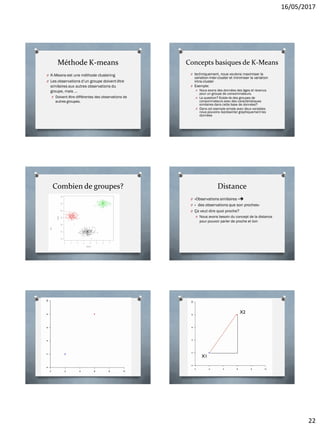 16/05/2017
22
Méthode K-means
O K-Means est une méthode clustering
O Les observations d’un groupe doivent être
similaires aux autres observations du
groupe, mais …
O Doivent être différentes des observations de
autres groupes.
Concepts basiques de K-Means
O techniquement, nous voulons maximiser la
variation inter-cluster et minimiser la variation
intra-cluster
O Exemple:
O Nous avons des données des âges et revenus
pour un groupe de consommateurs.
O La question? Existe-ils des groupes de
consommateurs avec des caractéristiques
similaires dans cette base de données?
O Dans cet exemple simple avec deux variables
nous pouvons représenter graphiquement les
données
Combien de groupes? Distance
O «Observations similaires »
O « des observations que son proches»
O Ça veut dire quoi proche?
O Nous avons besoin du concept de la distance
pour pouvoir parler de proche et loin
 