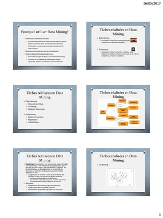 16/05/2017
4
Pourquoi utiliser Data Mining?
O Problème de l’explosion de données
O Les outils automatiques de collecte de données font que les
Bases de Données (BD’s) contiennent énormément de
données (Ex: La base de données des transactions d’un
super marché)
O Beaucoup de données mais peu de connaissances !
O Solution: Data warehousing et data mining
O Data warehousing et OLAP (On Line Analytical Processing)
O Extractionde connaissances intéressantes (règles,
régularités, patterns, contraintes) à partir de données
Tâches réalisées en Data
Mining
O Descriptives:
O consiste à trouver les caractéristiques générales
relatives aux données fouillées .
O Prédictives:
O Consiste à utiliser certaines variables pour
prédire les valeurs futures inconnues de la même
variable ou d’autres variables.
Tâches réalisées en Data
Mining
O Descriptives:
O Résumé/synthèse
O Clustering
O Règles d’association
O Prédictives:
O Séries temporelles
O Régression
O Classification
Tâches réalisées en Data
Mining
Data
Mining
Prédictive
Descriptive
Régression
Classification
Prédiction
Analyse des
séries
temporelles
Clustering
Règles
d’association
Analyse
sommaire
Découvrir
séquences
Tâches réalisées en Data
Mining
O Clustering: (classification non supervisée, apprentissage
non supervisé): c’est similaire à la classification, sauf
que les groupes no sont pas prédéfinies. L’objectif est
de décomposer ou de segmenter un ensemble de
données ou individus en groupes qui peuvent être
disjoints ou non.
O Les groupes se forment à base de la similarité des
données o des individus en certaines variables.
O Comme groupes suggérés (imposés) par
les données, pas définis a priori l'expert doit donner
une interprétation des groupes qui se forment.
O Méthodes:
O Classification hiérarchique (groupes disjoints)
O nuées dynamiques (groupes disjoints)
O Classification pyramidale (groupes non disjoints )
Tâches réalisées en Data
Mining
O Clustering
 