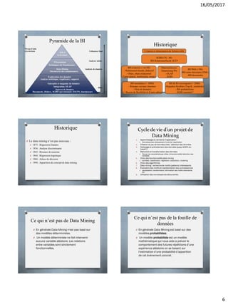 16/05/2017
6
K. Zeitouni
Pyramide de la BI
Niveau d’aide
à la décision Utilisateur final
Analyste métier
Analyste de données
DBA
Aide à
la décision
Présentation
Techniques de Visualisation
Data Mining
Découverte des connaissances
Exploration des données
Intégration, OLAP
Analyse statistique, requêteurs, rapports
Entrepôts et magasins de données
Sources de données
Documents, fichiers, SGBD opérationnels (OLTP), fournisseurs
K. Zeitouni
Fouille de données 32
BD Web (>90)
-BD semi-structurée (XML)
-BD documents
Création et alimentation de fichiers (60)
SGBD (70 - 80)
BD Relationnelles & OLTP
BD avancées (>mi 80)
- Relationnel étendu, déductif
- Objet, objet-relationnel
-Types spatial, multimédia, tempo.
Datawarehouse/
Datamining 90)
- OLAP
- KDD
BD mondiales (> 2000)
- Réseaux sociaux énormes
- Flots de données
=> Besoin de flexibilité et d’auto-admin
BD & RI convergents (> 2000)
-Requêtes flexibles (Top-K, similarité)
- BD probabilistes
- KDD essentiel !
Historique
33
Historique
O Le data mining n’est pas nouveau :
O 1875 : Régression linéaire
O 1936 : Analyse discriminante
O 1943 : Réseaux de neurone
O 1944 : Régression logistique
O 1984 : Arbres de décision
O 1990 : Apparition du concept de data mining
Cycle de vie d’un projet de
Data Mining
1. Apprentissage du domaine d’application:
O Connaissances nécessaires et buts de l’application
2. Création du jeu de données cible : sélection des données
3. Nettoyage et prétraitement des données (jusqu’à 60% du
travail !)
4. Réduction et transformation des données
O Trouver les caractéristiques utiles, dimensionnalité/réduction des
variables
5. Choix des fonctionnalités data mining
O synthèse, classification, régression, association, clustering
6. Choix des algorithmes
7. Data mining : recherchede motifs (patterns) intéressants
8. Évaluation des motifs et représentation des connaissances
O visualisation, transformation, élimination des motifs redondants,
etc.
9. Utilisation des connaissances découvertes.
Ce qui n’est pas de Data Mining
O En générale Data Mining n'est pas basé sur
des modèles déterministes.
O Un modèle déterministe ne fait intervenir
aucune variable aléatoire. Les relations
entre variables sont strictement
fonctionnelles.
Ce qui n’est pas de la fouille de
données
O En générale Data Mining est basé sur des
modèles probabilistes.
O Un modèle probabiliste est un modèle
mathématique qui nous aide a prévoir le
comportement des futures répétitions d’une
expérience aléatoire en se basant sur
l’estimation d’une probabilité d’apparition
de cet évènement concret.
 
