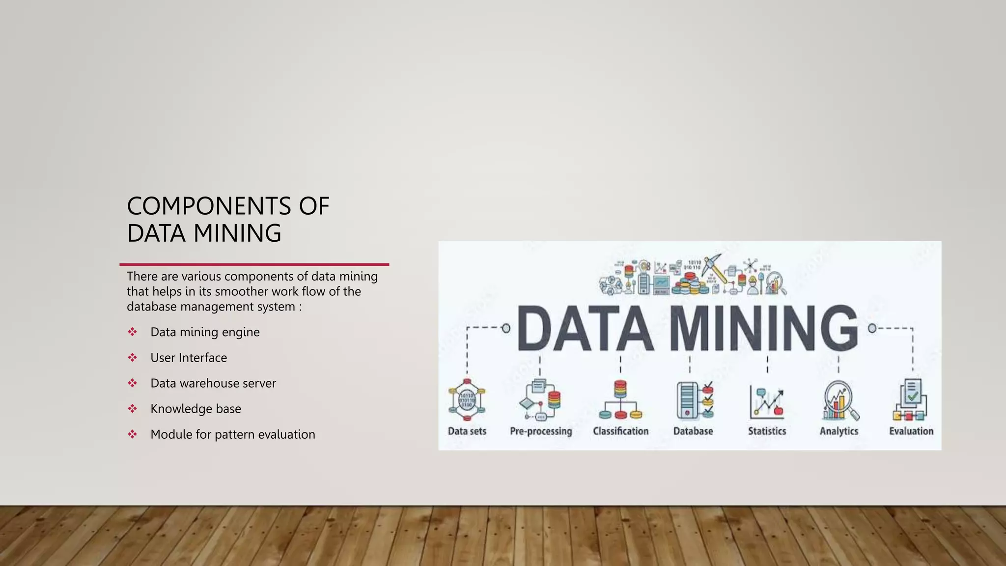 COMPONENTS OF
DATA MINING
There are various components of data mining
that helps in its smoother work flow of the
database management system :
 Data mining engine
 User Interface
 Data warehouse server
 Knowledge base
 Module for pattern evaluation
 