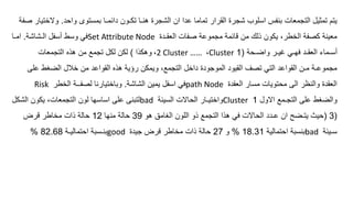 ‫واحد‬ ‫بمستوى‬ ‫دائمـا‬ ‫تكـون‬ ‫هنـا‬ ‫الشجرة‬ ‫ان‬ ‫عدا‬ ‫تماما‬ ‫القرار‬ ‫شجرة‬ ‫اسلوب‬ ‫بنفس‬ ‫التجمعات‬ ‫تمثيل‬ ‫يتم‬
.
‫وال‬
‫صفة‬ ‫ختيار‬
‫العقـدة‬ ‫صفات‬ ‫مجموعة‬ ‫قائمة‬ ‫من‬ ‫لك‬ ‫يكون‬ ،‫الخطر‬ ‫كصفة‬ ‫معينة‬
Set Attribute Node
‫الـشاشة‬ ‫أسفل‬ ‫وسط‬ ‫في‬
.
‫امـا‬
‫واضـحة‬ ‫غيـر‬ ‫فهـي‬ ‫العقـد‬ ‫أسـماء‬
(
1
Cluster
،
2 Cluster ……
،
‫ا‬ ‫وهك‬
)
‫التجمعات‬ ‫ه‬ ‫ه‬ ‫من‬ ‫تجمع‬ ‫لكل‬ ‫لكن‬
‫على‬ ‫الضغط‬ ‫خالل‬ ‫من‬ ‫القواعد‬ ‫ه‬ ‫ه‬ ‫رؤية‬ ‫ويمكن‬ ،‫التجمع‬ ‫داخل‬ ‫الموجودة‬ ‫القيود‬ ‫تصف‬ ‫التي‬ ‫القواعد‬ ‫مـن‬ ‫مجموعـة‬
‫العقدة‬ ‫مسار‬ ‫محتويات‬ ‫الى‬ ‫والنظر‬ ‫العقدة‬
path Node
‫الشاشة‬ ‫يمين‬ ‫اسفل‬ ‫في‬
.
‫الخطر‬ ‫لصفــة‬ ‫وباختيارنا‬
Risk
‫االول‬ ‫التجـمع‬ ‫على‬ ‫والضغط‬
1
Cluster
‫السيئة‬ ‫الحاالت‬ ‫واختيـار‬
bad
‫الشكل‬ ‫يكون‬ ،‫التجمعات‬ ‫لون‬ ‫اساسها‬ ‫على‬ ‫لتبنى‬
(
3
(
‫هو‬ ‫الغامق‬ ‫اللون‬ ‫و‬ ‫التجمع‬ ‫ا‬ ‫ه‬ ‫في‬ ‫الحاالت‬ ‫عـدد‬ ‫ان‬ ‫يتـضح‬ ‫حيث‬
39
‫منها‬ ‫حالة‬
12
‫قرض‬ ‫مخاطر‬ ‫ات‬ ‫حالة‬
‫سـيئة‬
bad
‫احتمالية‬ ‫بنسبة‬
18.31
%
‫و‬
27
‫جيدة‬ ‫قرض‬ ‫مخاطر‬ ‫ات‬ ‫حالة‬
good
‫احتماليـة‬ ‫بنـسبة‬
82.68
%
 