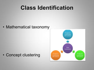 Class Identification
• Mathematical taxonomy
• Concept clustering
 