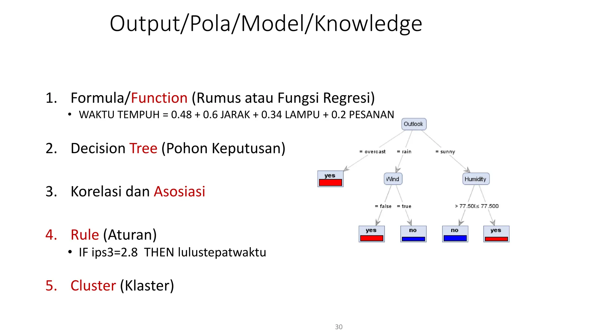 Output/Pola/Model/Knowledge
1. Formula/Function (Rumus atau Fungsi Regresi)
• WAKTU TEMPUH = 0.48 + 0.6 JARAK + 0.34 LAMPU + 0.2 PESANAN
2. Decision Tree (Pohon Keputusan)
3. Korelasi dan Asosiasi
4. Rule (Aturan)
• IF ips3=2.8 THEN lulustepatwaktu
5. Cluster (Klaster)
30
 
