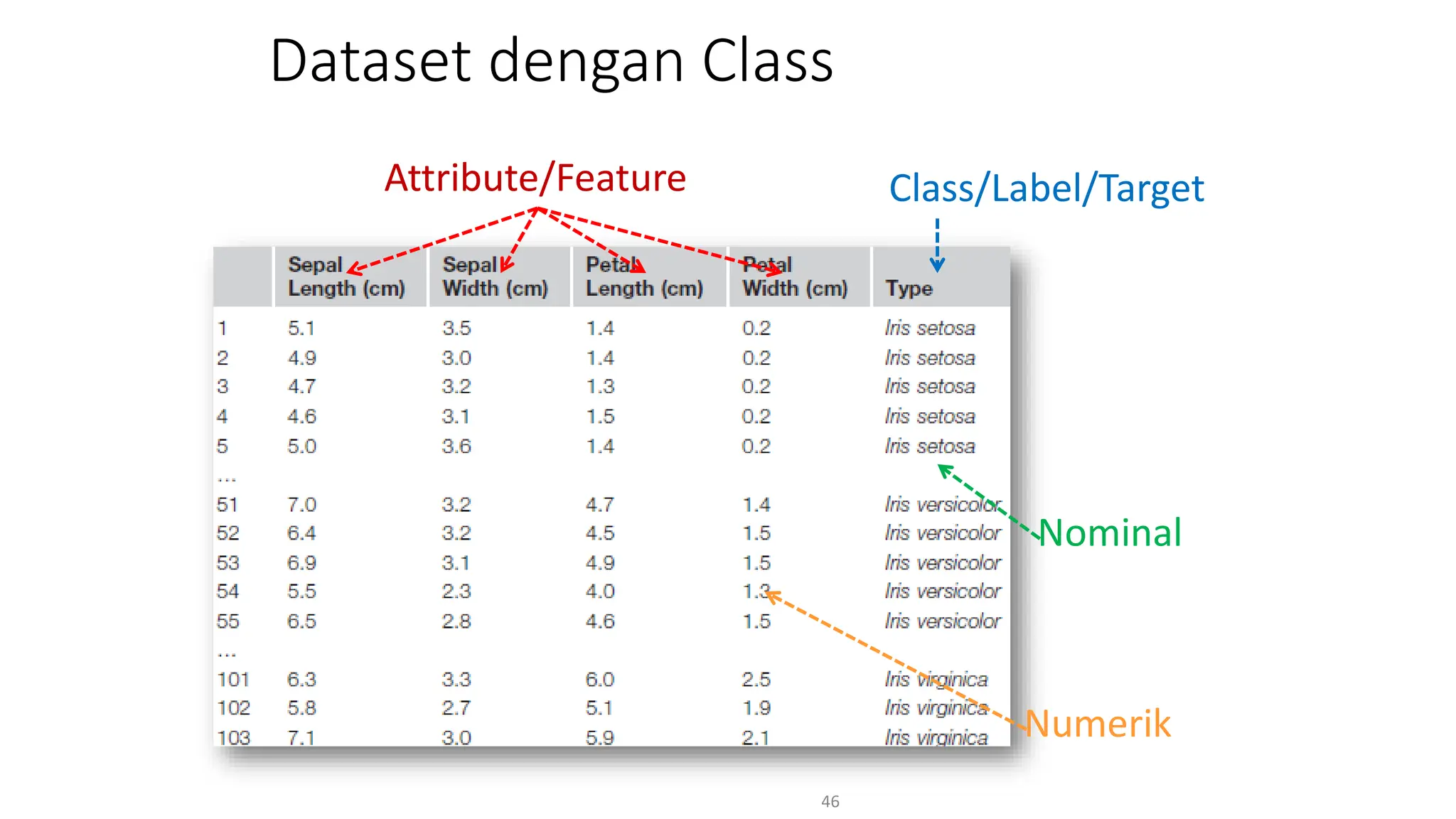 Dataset dengan Class
46
Class/Label/Target
Attribute/Feature
Nominal
Numerik
 