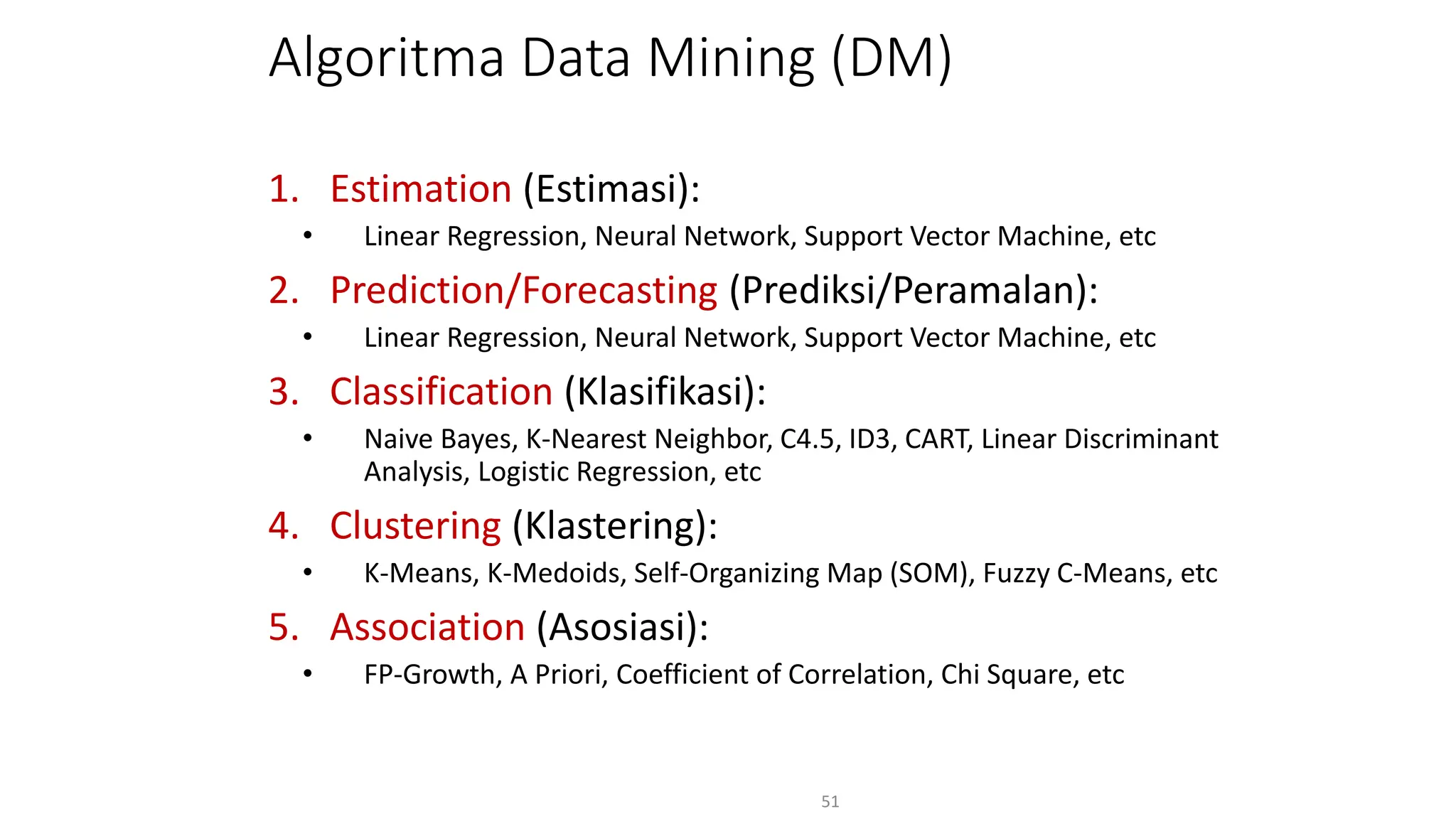 Algoritma Data Mining (DM)
1. Estimation (Estimasi):
• Linear Regression, Neural Network, Support Vector Machine, etc
2. Prediction/Forecasting (Prediksi/Peramalan):
• Linear Regression, Neural Network, Support Vector Machine, etc
3. Classification (Klasifikasi):
• Naive Bayes, K-Nearest Neighbor, C4.5, ID3, CART, Linear Discriminant
Analysis, Logistic Regression, etc
4. Clustering (Klastering):
• K-Means, K-Medoids, Self-Organizing Map (SOM), Fuzzy C-Means, etc
5. Association (Asosiasi):
• FP-Growth, A Priori, Coefficient of Correlation, Chi Square, etc
51
 