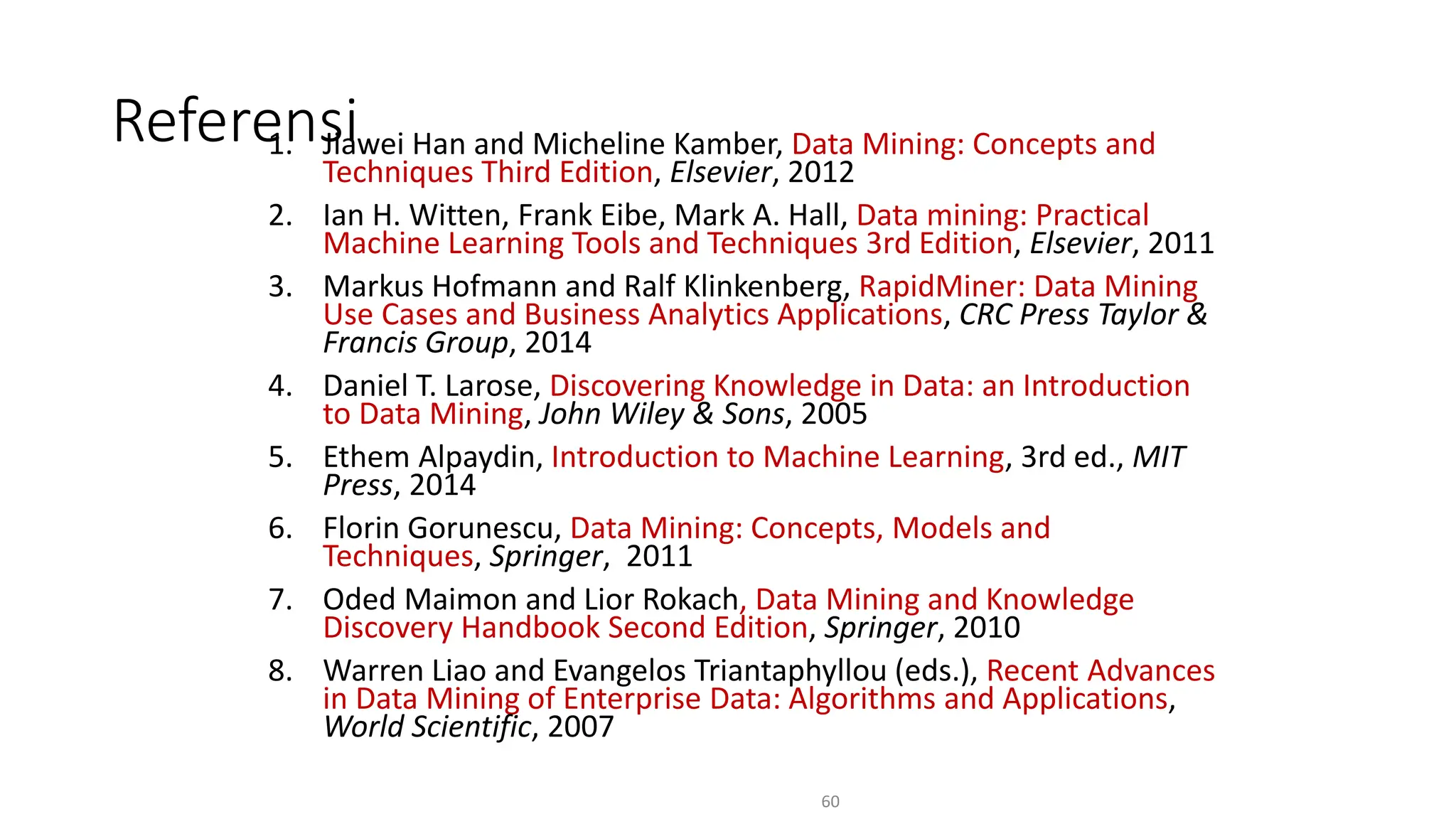 1. Jiawei Han and Micheline Kamber, Data Mining: Concepts and
Techniques Third Edition, Elsevier, 2012
2. Ian H. Witten, Frank Eibe, Mark A. Hall, Data mining: Practical
Machine Learning Tools and Techniques 3rd Edition, Elsevier, 2011
3. Markus Hofmann and Ralf Klinkenberg, RapidMiner: Data Mining
Use Cases and Business Analytics Applications, CRC Press Taylor &
Francis Group, 2014
4. Daniel T. Larose, Discovering Knowledge in Data: an Introduction
to Data Mining, John Wiley & Sons, 2005
5. Ethem Alpaydin, Introduction to Machine Learning, 3rd ed., MIT
Press, 2014
6. Florin Gorunescu, Data Mining: Concepts, Models and
Techniques, Springer, 2011
7. Oded Maimon and Lior Rokach, Data Mining and Knowledge
Discovery Handbook Second Edition, Springer, 2010
8. Warren Liao and Evangelos Triantaphyllou (eds.), Recent Advances
in Data Mining of Enterprise Data: Algorithms and Applications,
World Scientific, 2007
60
Referensi
 