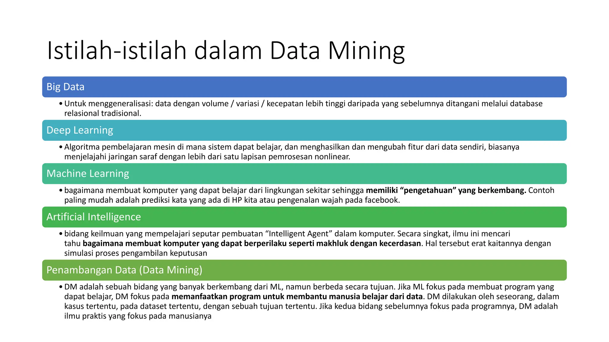 Istilah-istilah dalam Data Mining
Big Data
•Untuk menggeneralisasi: data dengan volume / variasi / kecepatan lebih tinggi daripada yang sebelumnya ditangani melalui database
relasional tradisional.
Deep Learning
•Algoritma pembelajaran mesin di mana sistem dapat belajar, dan menghasilkan dan mengubah fitur dari data sendiri, biasanya
menjelajahi jaringan saraf dengan lebih dari satu lapisan pemrosesan nonlinear.
Machine Learning
•bagaimana membuat komputer yang dapat belajar dari lingkungan sekitar sehingga memiliki “pengetahuan” yang berkembang. Contoh
paling mudah adalah prediksi kata yang ada di HP kita atau pengenalan wajah pada facebook.
Artificial Intelligence
•bidang keilmuan yang mempelajari seputar pembuatan “Intelligent Agent” dalam komputer. Secara singkat, ilmu ini mencari
tahu bagaimana membuat komputer yang dapat berperilaku seperti makhluk dengan kecerdasan. Hal tersebut erat kaitannya dengan
simulasi proses pengambilan keputusan
Penambangan Data (Data Mining)
•DM adalah sebuah bidang yang banyak berkembang dari ML, namun berbeda secara tujuan. Jika ML fokus pada membuat program yang
dapat belajar, DM fokus pada memanfaatkan program untuk membantu manusia belajar dari data. DM dilakukan oleh seseorang, dalam
kasus tertentu, pada dataset tertentu, dengan sebuah tujuan tertentu. Jika kedua bidang sebelumnya fokus pada programnya, DM adalah
ilmu praktis yang fokus pada manusianya
 