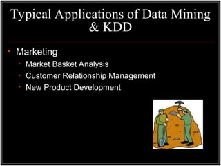 Typical Applications of Data Mining
& KDD
• Marketing
• Market Basket Analysis
• Customer Relationship Management
• New Product Development
 