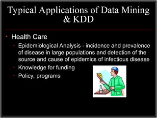 Typical Applications of Data Mining
& KDD
• Health Care
• Epidemiological Analysis - incidence and prevalence
of disease in large populations and detection of the
source and cause of epidemics of infectious disease
• Knowledge for funding
• Policy, programs
 