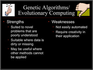 Genetic Algorithms/
Evolutionary Computing
• Strengths
• Suited to novel
problems that are
poorly understood
• Suitable where data is
dirty or missing
• May be useful where
other methods cannot
be applied
• Weaknesses
• Not easily automated
• Require creativity in
their application
 