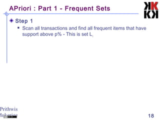 Prithwis
Mukerjee 18
APriori : Part 1 - Frequent Sets
Step 1
 Scan all transactions and find all frequent items that have
support above p% - This is set L1
 