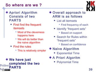 Prithwis
Mukerjee 39
So where are we ?
Apriori Algorithm
Consists of two
PARTS
 First find the frequent
itemsets
 Most of the cleverness
happens here
 We will do better than
the naive algorithm
 Find the rules
 This is relatively simpler
We have just
completed the two
PARTS
Overall approach to
ARM is as follows
 List all itemsets
 Find frequency of each
 Identify “frequent sets”
 Based on support
 Search for Rules within
“frequent sets”
 Based on confidence
Naive Algorithm
 Exponential Time
A Priori Algoritm
 Polynomial Time
 