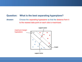 Question:      What is the best separating hyperplane?
Answer:        Choose the separating hyperplane so that the distance from it
               to the nearest data point on each side is maximized.

                                          support vector
          maximum-margin
          hyperplane            H




                                                           margin



                                    support vector
 