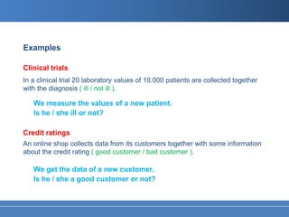 Examples

Clinical trials
In a clinical trial 20 laboratory values of 10.000 patients are collected together
with the diagnosis ( ill / not ill ).

   We measure the values of a new patient.
   Is he / she ill or not?

Credit ratings
An online shop collects data from its customers together with some information
about the credit rating ( good customer / bad customer ).

   We get the data of a new customer.
   Is he / she a good customer or not?
 