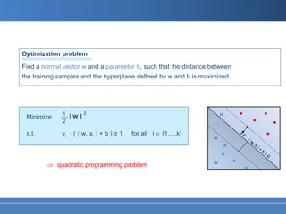 Optimization problem
Find a normal vector w and a parameter b, such that the distance between
the training samples and the hyperplane defined by w and b is maximized.




 Minimize    __ ‖ w ‖ 2
             1                                                      H
             2

 s.t.        yi · ( 〈 w, xi 〉 + b ) ≥ 1   for all i ∈ {1,...,k}            w




        ⇒ quadratic programming problem
 