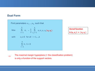 Dual Form

    Find parameters α1,...,αk, such that
               k                    k
                                                                Kernel function
    Max       Σ     αi     ̶
                               1 Σ αα y y
                                ̶         i j i j 〈 xi, xj 〉
              i=1              2 i, j = 1                       k ( xi, xj ) := 〈 xi, xj 〉

    with      αi ≥ 0 for all i = 1,...,k

                k
               Σ αi      yi = 0
              i=1



        The maximal margin hyperplane (= the classification problem)
⇒
        is only a function of the support vectors.
 