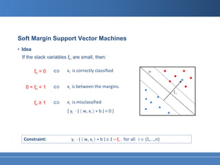 Soft Margin Support Vector Machines
• Idea
 If the slack variables ξ i are small, then:

         ξi = 0   ⇔     xi is correctly classified                       H



   0 < ξi < 1     ⇔     xi is between the margins.
                                                                                   ξi

         ξi ≥ 1   ⇔     xi is misclassified
                        [ yi · ( 〈 w, xi 〉 + b ) < 0 ]




  Constraint:             yi · ( 〈 w, xi 〉 + b ) ≥ 1 ̶ ξ i for all i ∈ {1,...,n}
 