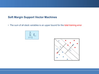 Soft Margin Support Vector Machines

• The sum of all slack variables is an upper bound for the total training error:


                       n
                      Σ ξi
                     i=1
                                                      H


                                                          ξi
                                                                  ξj
 