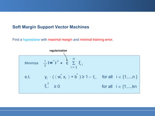 Soft Margin Support Vector Machines

Find a hyperplane with maximal margin and minimal training error.


                          regularisation

                             *                   n
                    __ ‖ w
                    1
                                 ‖               Σ ξi
                                     2
                                             C
                                         +
       Minimize
                    2
                                                 i=1
                                         *           *
       s.t.         yi · ( 〈 w, xi 〉 + b ) ≥ 1 ̶ ξ i     for all i ∈ {1,...,n }
                      2
                    ξi       ≥0                          for all i ∈ {1,...,kn
 