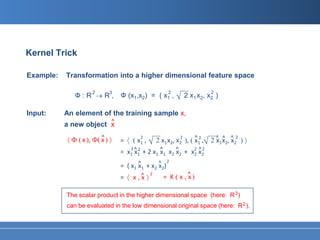 Kernel Trick

Example:   Transformation into a higher dimensional feature space
                                                                  ___
                                 Ф (x1,x2) = (                    √
                                                            2                       2
              Ф:R →R,
                     2       3
                                                           x1 ,       2 x1 x2, x2 )

Input:     An element of the training sample x,
                             ^
           a new object x
                                                    ___                            ___
                         ^                                                ^2
                                                                      ), ( x1 ,√ 2 ^ 1 x2, ^ 2 ) 〉
                                                                                   x ^ x
                                           2                      2                         2
           〈 Ф ( x ), Ф( x ) 〉   =   〈 ( x1 ,   √    2    x1 x2, x2
                                     x1 ^ 1 +   2 x1 ^ 1 x2 ^ 2 + x2 x2
                                                                     ^
                                      2 2                                      2
                                 =      x            x      x      2
                                                            2
                                 = ( x1 ^1 + x2 ^2)
                                        x       x
                                                          = K ( x ,^)
                                                2
                                 = 〈 x,^ 〉
                                       x                           x

           The scalar product in the higher dimensional space (here: R 3 )
           can be evaluated in the low dimensional original space (here: R 2 ).
 