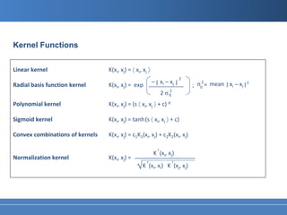 Kernel Functions


Linear kernel                    K(xi, xj) = 〈 xi, xj 〉
                                                                    2
                                                  ̶ ‖ xi ̶ xj ‖                2
Radial basis function kernel     K(xi, xj) = exp ___________               ; σ0 = mean ‖ xi ̶ xj ‖ 2
                                                           2
                                                      2 σ0
Polynomial kernel                K(xi, xj) = (s 〈 xi, xj 〉 + c) d

Sigmoid kernel                   K(xi, xj) = tanh (s 〈 xi, xj 〉 + c)

Convex combinations of kernels   K(xi, xj) = c1K1(xi, xj) + c2K2(xi, xj)

                                                       ,
                                                    K (xi, xj)
Normalization kernel             K(xi, xj) = ___________________
                                                 ,           ,
                                              √ K (xi, xi) K (xj, xj)
 