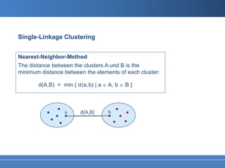 Single-Linkage Clustering


Nearest-Neighbor-Method
The distance between the clusters A und B is the
minimum distance between the elements of each cluster:

       d(A,B) = min { d (a, b) | a ∈ A, b ∈ B }



                  a     d(A,B)      b
 