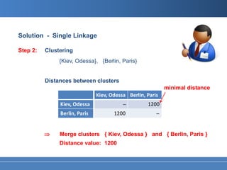 Solution - Single Linkage

Step 2:   Clustering
               {Kiev, Odessa}, {Berlin, Paris}


          Distances between clusters
                                                            minimal distance
                               Kiev, Odessa Berlin, Paris
               Kiev, Odessa               ̶         1200
               Berlin, Paris          1200              ̶


          ⇒    Merge clusters { Kiev, Odessa } and { Berlin, Paris }
               Distance value: 1200
 