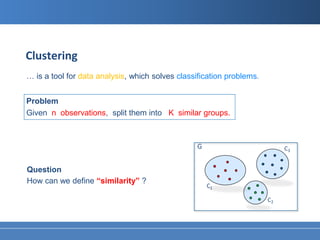 Clustering
… is a tool for data analysis, which solves classification problems.


Problem
Given n observations, split them into K similar groups.




Question
How can we define “similarity” ?
 