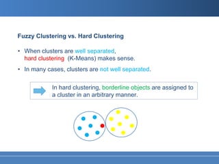 Fuzzy Clustering vs. Hard Clustering

• When clusters are well separated,
  hard clustering (K-Means) makes sense.
• In many cases, clusters are not well separated.

            In hard clustering, borderline objects are assigned to
            a cluster in an arbitrary manner.
 