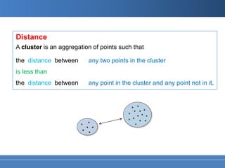 Distance
A cluster is an aggregation of points such that

the distance between      any two points in the cluster
is less than
the distance between      any point in the cluster and any point not in it.
 