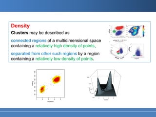 Density
Clusters may be described as
connected regions of a multidimensional space
containing a relatively high density of points,
separated from other such regions by a region
containing a relatively low density of points.
 