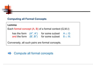 Computing all Formal Concepts

Lemma
Each formal concept (A, B) of a formal context (G,M,I)
    has the form   (A′′, A′)   for some subset    A⊂G
    and the form   (B′, B′′)   for some subset    B ⊂ M.

Conversely, all such pairs are formal concepts.



     Compute all formal concepts
 