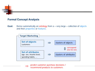 Formal Concept Analysis

Goal:   Derive automatically an ontology from a – very large – collection of objects
        and their properties or features.


           Target Marketing

             Set of objects                ⇒       clusters of objects
             customers
                                                                 correspond




                                                           ⇔
                                                                 one-for-one
             Set of attributes
             age, sex, income level,       ⇒       clusters of attributes
             spending habits, …



                         predict customer purchase decisions /
                 ⇒       recommend products to customers
 