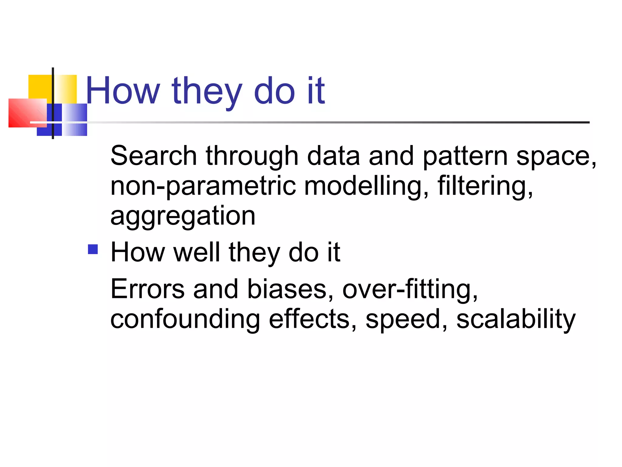 How they do it



Search through data and pattern space,
non-parametric modelling, filtering,
aggregation
How well they do it
Errors and biases, over-fitting,
confounding effects, speed, scalability

 