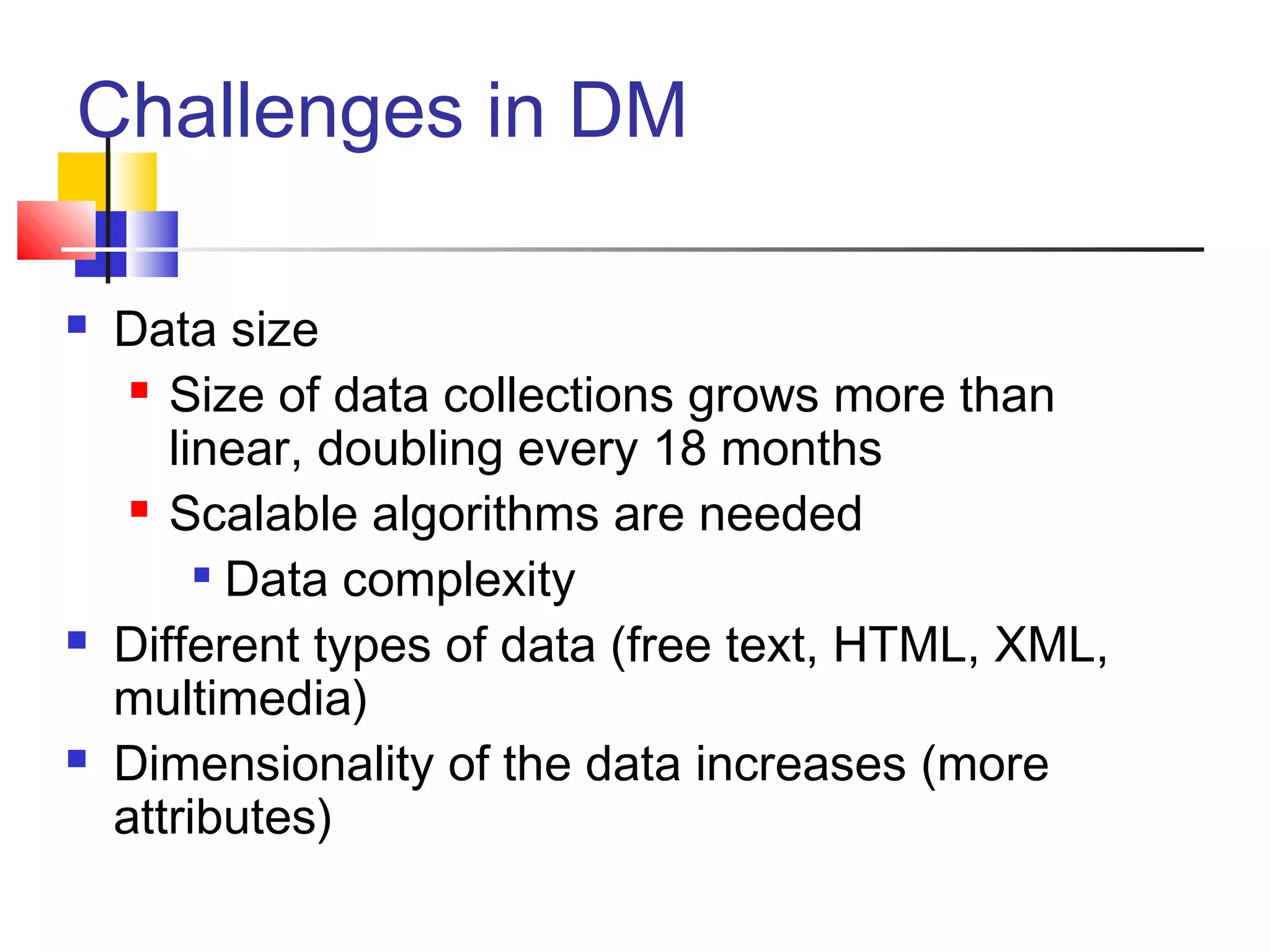 Challenges in DM






Data size
 Size of data collections grows more than
linear, doubling every 18 months
 Scalable algorithms are needed
 Data complexity
Different types of data (free text, HTML, XML,
multimedia)
Dimensionality of the data increases (more
attributes)

 