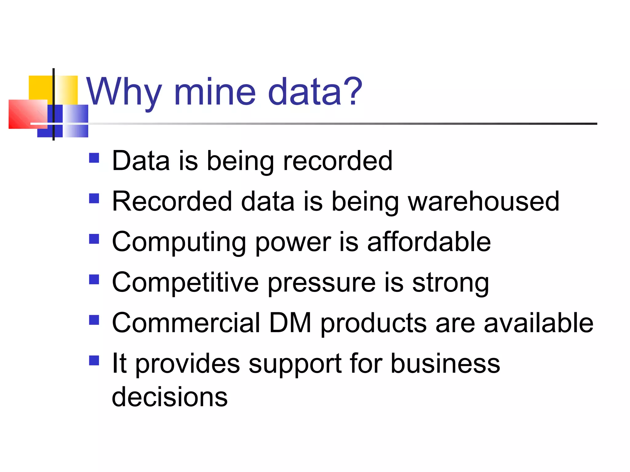Why mine data?







Data is being recorded
Recorded data is being warehoused
Computing power is affordable
Competitive pressure is strong
Commercial DM products are available
It provides support for business
decisions

 