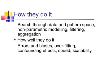 How they do it



Search through data and pattern space,
non-parametric modelling, filtering,
aggregation
How well they do it
Errors and biases, over-fitting,
confounding effects, speed, scalability

 