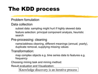 The KDD process
Problem fomulation
Data collection
subset data: sampling might hurt if highly skewed data
feature selection: principal component analysis, heuristic
search
Pre-processing: cleaning
name/address cleaning, different meanings (annual, yearly),
duplicate removal, supplying missing values
Transformation:
map complex objects e.g. time series data to features e.g.
frequency
Choosing mining task and mining method:
Result evaluation and Visualization:
Knowledge discovery is an iterative process
 