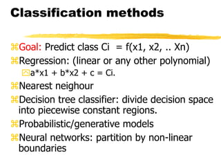 Classification methods
Goal: Predict class Ci = f(x1, x2, .. Xn)
Regression: (linear or any other polynomial)
a*x1 + b*x2 + c = Ci.
Nearest neighour
Decision tree classifier: divide decision space
into piecewise constant regions.
Probabilistic/generative models
Neural networks: partition by non-linear
boundaries
 
