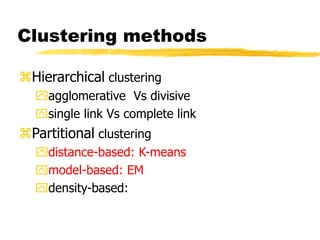 Clustering methods
Hierarchical clustering
agglomerative Vs divisive
single link Vs complete link
Partitional clustering
distance-based: K-means
model-based: EM
density-based:
 