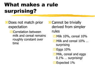 What makes a rule
surprising?
Does not match prior
expectation
Correlation between
milk and cereal remains
roughly constant over
time
Cannot be trivially
derived from simpler
rules
Milk 10%, cereal 10%
Milk and cereal 10% …
surprising
Eggs 10%
Milk, cereal and eggs
0.1% … surprising!
Expected 1%
 