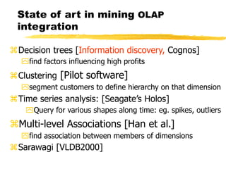 State of art in mining OLAP
integration
Decision trees [Information discovery, Cognos]
find factors influencing high profits
Clustering [Pilot software]
segment customers to define hierarchy on that dimension
Time series analysis: [Seagate’s Holos]
Query for various shapes along time: eg. spikes, outliers
Multi-level Associations [Han et al.]
find association between members of dimensions
Sarawagi [VLDB2000]
 