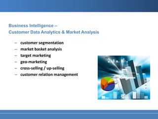 Business Intelligence ‒
Customer Data Analytics & Market Analysis

  −   customer segmentation
  −   market basket analysis
  −   target marketing
  −   geo-marketing
  −   cross-selling / up-selling
  −   customer relation management
 