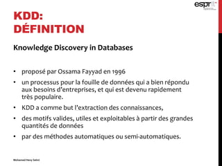 KDD:
DÉFINITION
Knowledge Discovery in Databases
• proposé par Ossama Fayyad en 1996
• un processus pour la fouille de données qui a bien répondu
aux besoins d’entreprises, et qui est devenu rapidement
très populaire.
• KDD a comme but l’extraction des connaissances,
• des motifs valides, utiles et exploitables à partir des grandes
quantités de données
• par des méthodes automatiques ou semi-automatiques.
Mohamed Heny Selmi
 